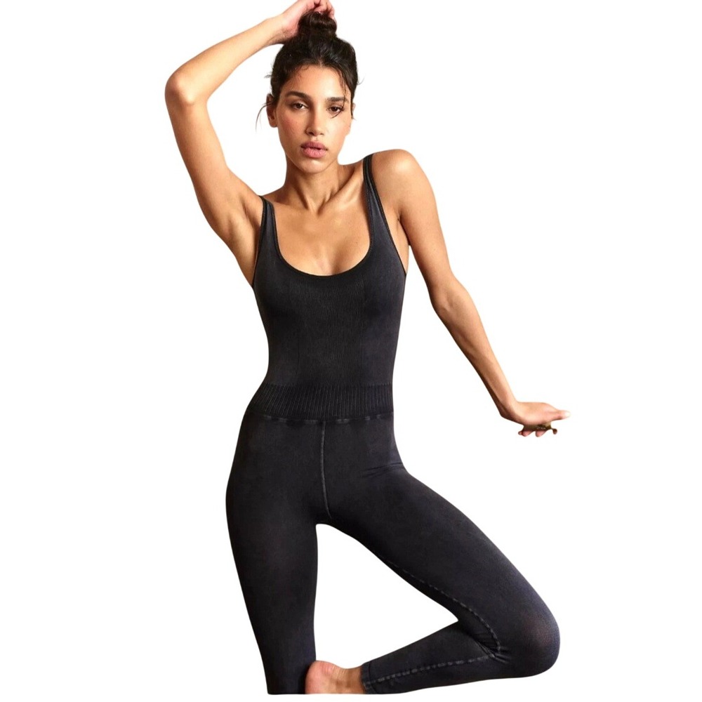 Free People Movement Good Karma Jumpsuit Washed Black Charcoal Seamless XS/S